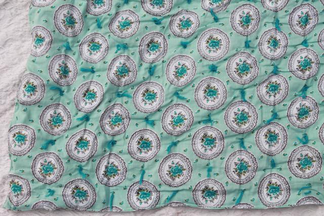 photo of vintage aqua print cotton covered comforter, puffy duvet hand tied whole cloth quilt #3