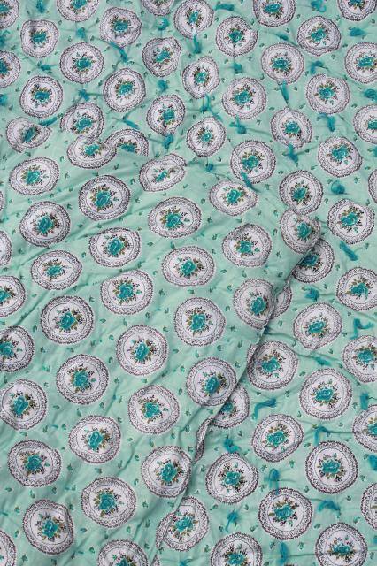 photo of vintage aqua print cotton covered comforter, puffy duvet hand tied whole cloth quilt #4