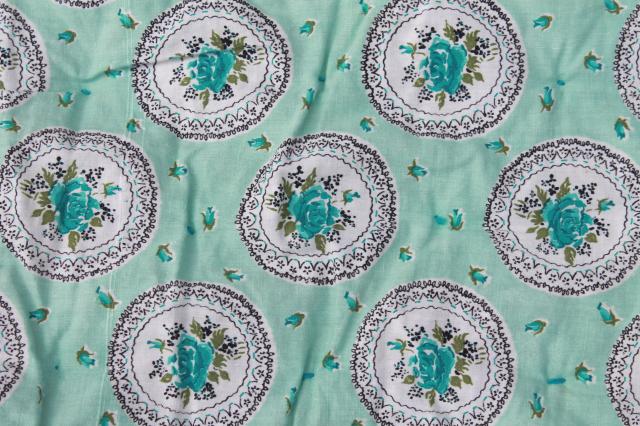 photo of vintage aqua print cotton covered comforter, puffy duvet hand tied whole cloth quilt #5