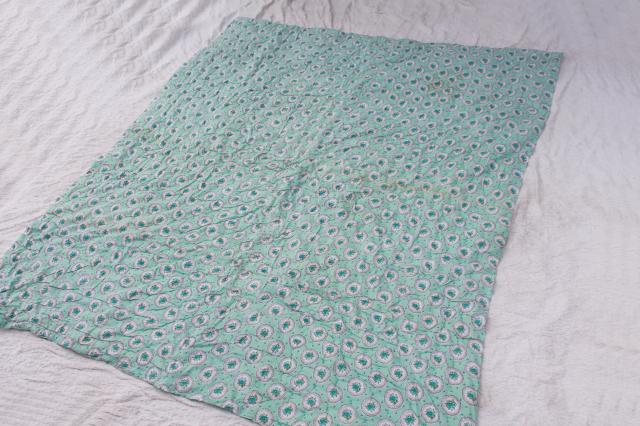 photo of vintage aqua print cotton covered comforter, puffy duvet hand tied whole cloth quilt #6