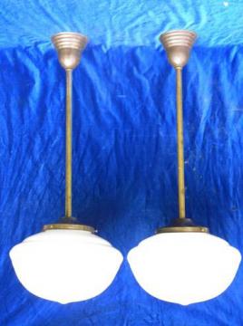 catalog photo of vintage architectural ceiling lighting fixtures, a pair of pendant lights w/schoolhouse shades