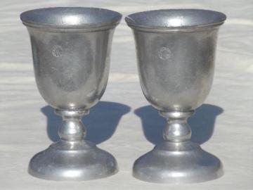 catalog photo of vintage armetale style pewter goblets or chalice set w/ hallmark or crest