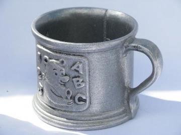 catalog photo of vintage armetale type metal baby mug, Carson - Freeport pewter