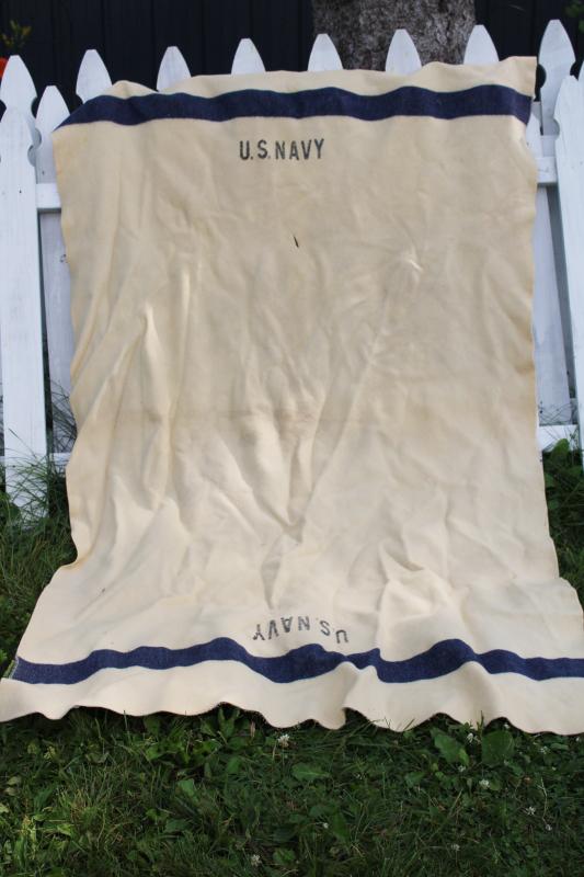 photo of vintage army blanket, US Navy blue stripe white wool military medical department #1