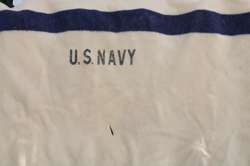 photo of vintage army blanket, US Navy blue stripe white wool military medical department #2