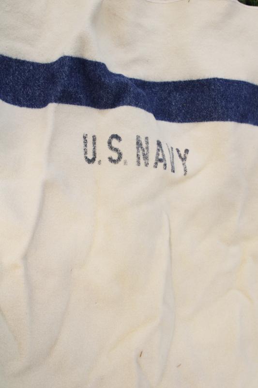 photo of vintage army blanket, US Navy blue stripe white wool military medical department #3