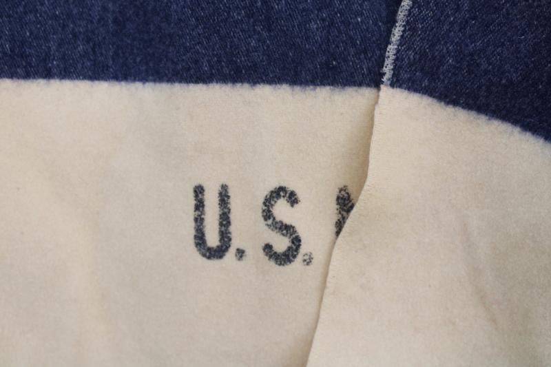 photo of vintage army blanket, US Navy blue stripe white wool military medical department #6