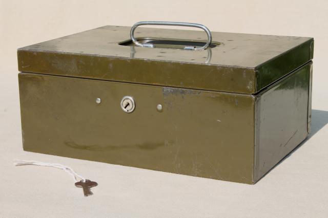 photo of vintage army green drab painted metal lockbox w/ key, industrial style cash money / document box #1