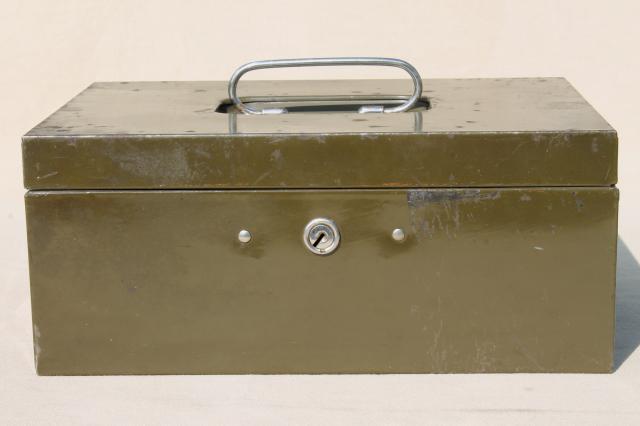 photo of vintage army green drab painted metal lockbox w/ key, industrial style cash money / document box #2