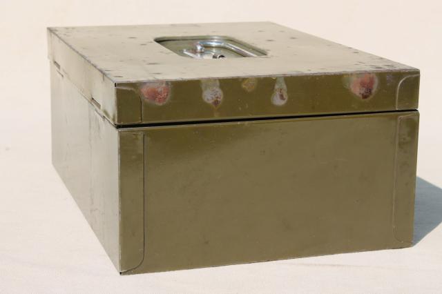 photo of vintage army green drab painted metal lockbox w/ key, industrial style cash money / document box #3