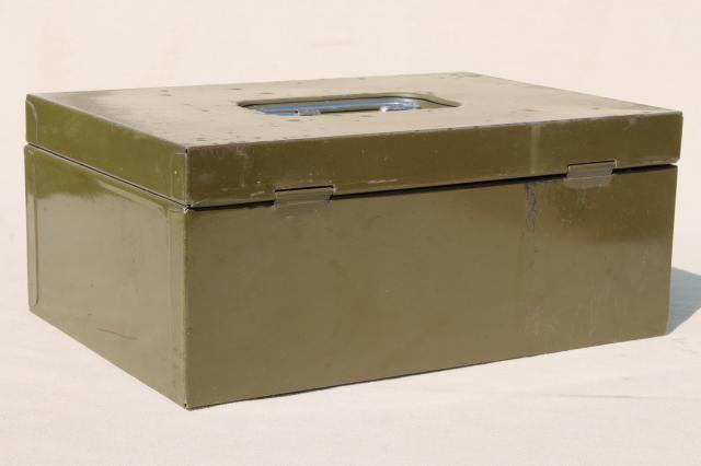 photo of vintage army green drab painted metal lockbox w/ key, industrial style cash money / document box #4