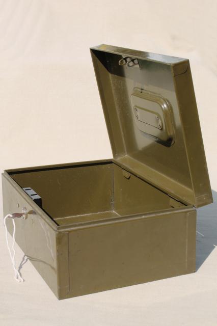 photo of vintage army green drab painted metal lockbox w/ key, industrial style cash money / document box #5