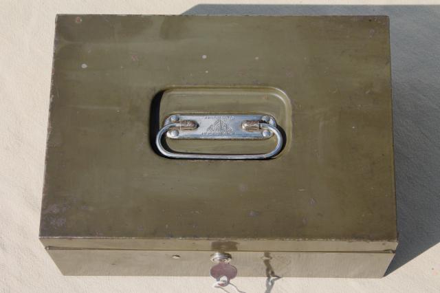 photo of vintage army green drab painted metal lockbox w/ key, industrial style cash money / document box #7