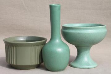 catalog photo of vintage art deco matte green pottery planters & vases, McCoy floraline etc.