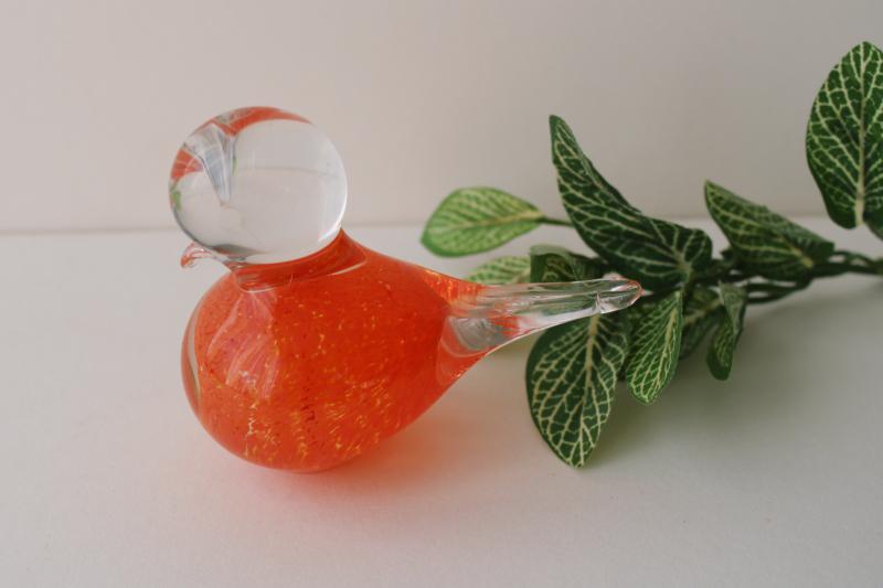 photo of vintage art glass paperweight bird, orange cased in crystal clear glass #1