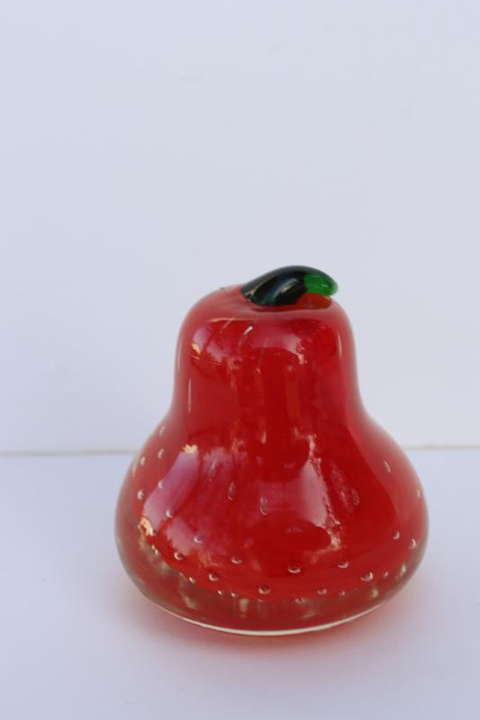 photo of vintage art glass paperweight w/ controlled bubbles, red pear glass fruit #1