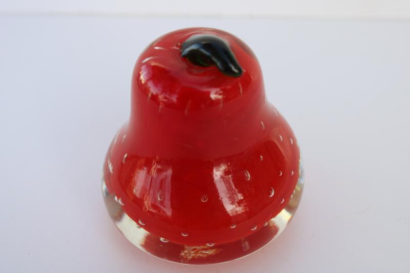 photo of vintage art glass paperweight w/ controlled bubbles, red pear glass fruit #3