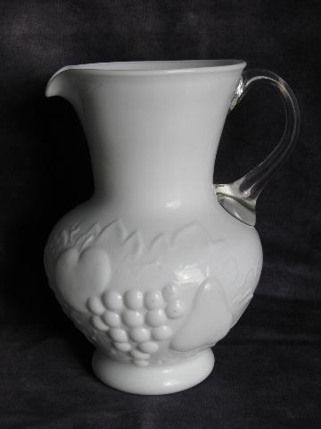 photo of vintage art glass pitcher, fruit cameo relief, milk white w/ crystal #1