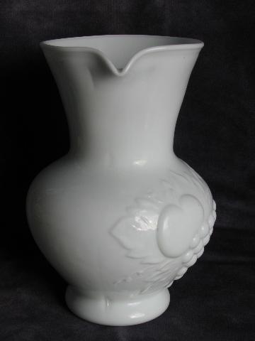 photo of vintage art glass pitcher, fruit cameo relief, milk white w/ crystal #2