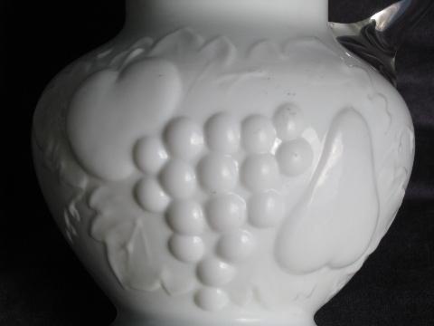 photo of vintage art glass pitcher, fruit cameo relief, milk white w/ crystal #3