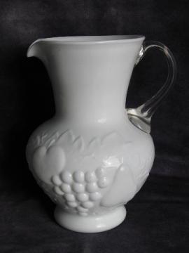 catalog photo of vintage art glass pitcher, fruit cameo relief, milk white w/ crystal