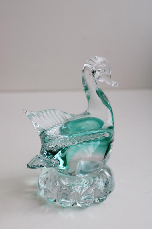 photo of vintage art glass swan paperweight figurine, teal / crystal clear glass Murano? #2