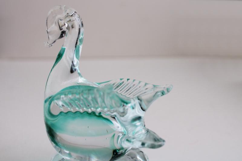 photo of vintage art glass swan paperweight figurine, teal / crystal clear glass Murano? #4