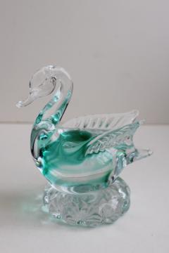 catalog photo of vintage art glass swan paperweight figurine, teal / crystal clear glass Murano?