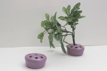 vintage art pottery pair ceramic flower frogs, rare lavender purple color
