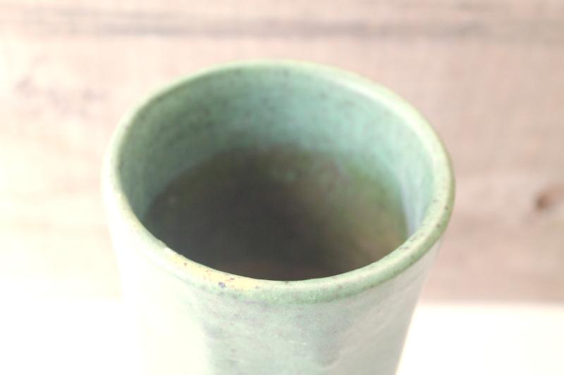 photo of vintage art pottery vase, speckled matte green glaze paneled column vase #2