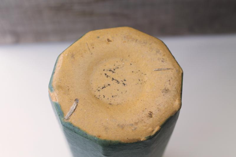 photo of vintage art pottery vase, speckled matte green glaze paneled column vase #8