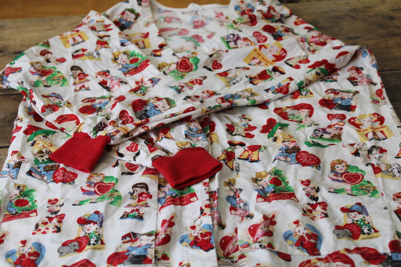 photo of vintage art smock cover all w/ Valentines print, quilting weight cotton upcycle fabric #1