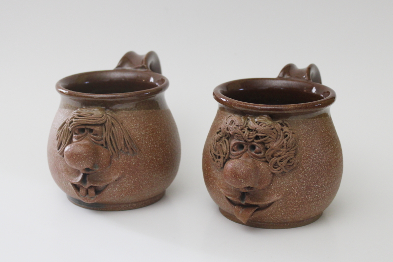 photo of vintage artist signed funny ugly face pottery mugs, his and hers faces or lovable trolls  #1