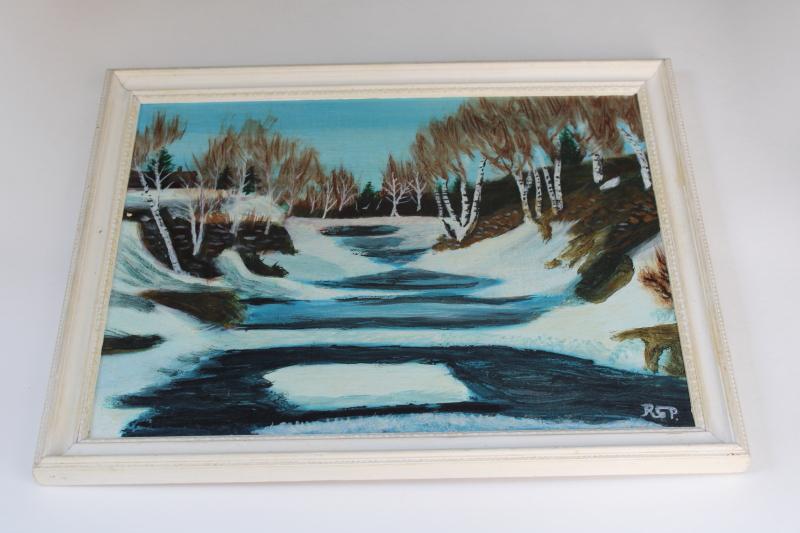 photo of vintage artist signed original folk art landscape painting Tobacco River, Michigan UP #1