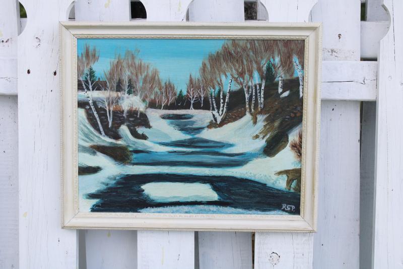 photo of vintage artist signed original folk art landscape painting Tobacco River, Michigan UP #6