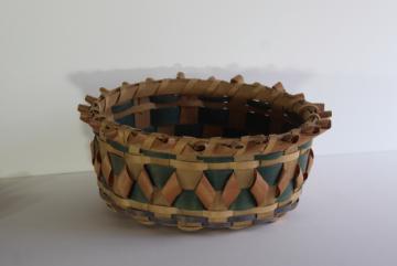 catalog photo of vintage ash curls hand woven basket, Winnebago style ash points basket from Wisconsin