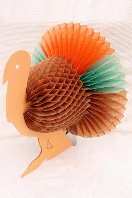 photo of vintage autumn fall decorations, honeycomb tissue paper acorns, pumpkin, Thanksgiving turkeys #4