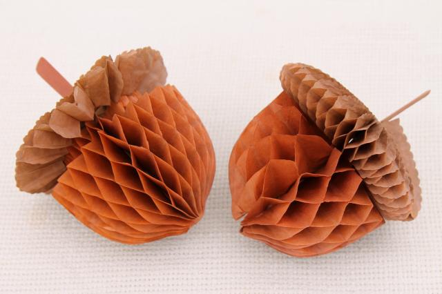 photo of vintage autumn fall decorations, honeycomb tissue paper acorns, pumpkin, Thanksgiving turkeys #7