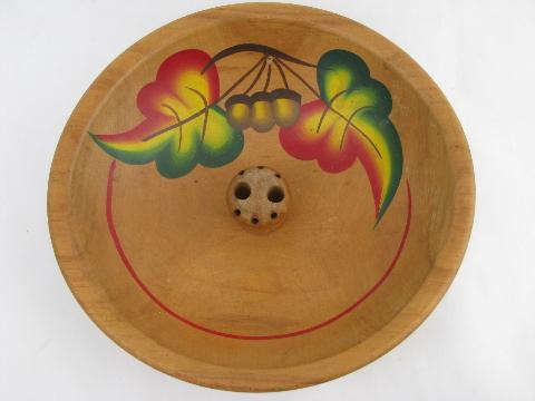 photo of vintage autumn leaf wood nut bowl, old hand-painted woodenware #1