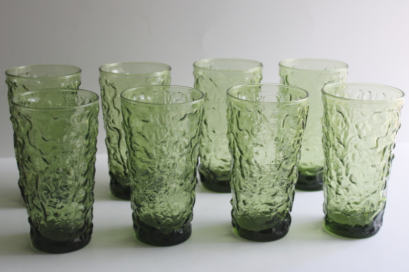 photo of vintage avocado green crinkle glass tumblers set of 8, AH Lido or Milano pattern  #1