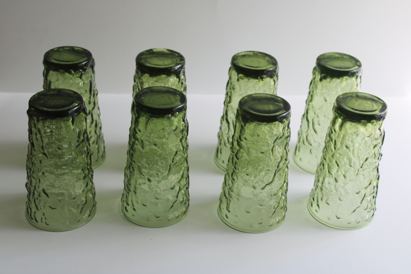 photo of vintage avocado green crinkle glass tumblers set of 8, AH Lido or Milano pattern  #2