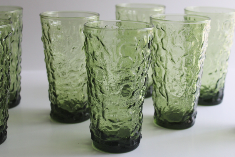 photo of vintage avocado green crinkle glass tumblers set of 8, AH Lido or Milano pattern  #3