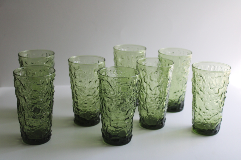 photo of vintage avocado green crinkle glass tumblers set of 8, AH Lido or Milano pattern  #4