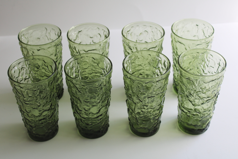 photo of vintage avocado green crinkle glass tumblers set of 8, AH Lido or Milano pattern  #5