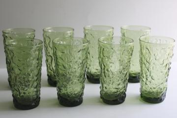 vintage avocado green crinkle glass tumblers set of 8, AH Lido or Milano pattern 