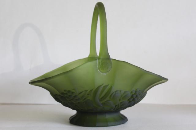 photo of vintage avocado green frosted glass basket, Indiana garland or banana fruits pattern #1