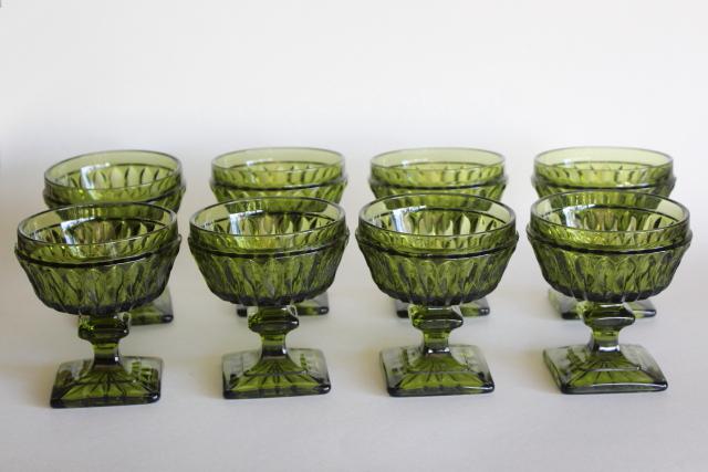 photo of vintage avocado green glass Mt Vernon stemware, champagne or sparkling wine glasses #1