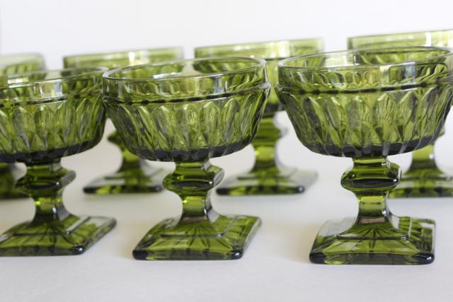 photo of vintage avocado green glass Mt Vernon stemware, champagne or sparkling wine glasses #2