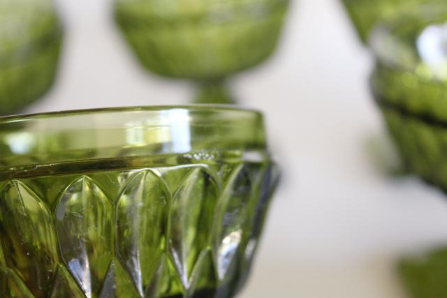 photo of vintage avocado green glass Mt Vernon stemware, champagne or sparkling wine glasses #4