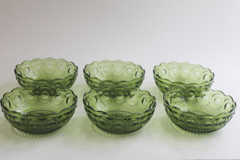 photo of vintage avocado green glass dessert dishes, St Genevieve thumbprint pattern bowls  #1